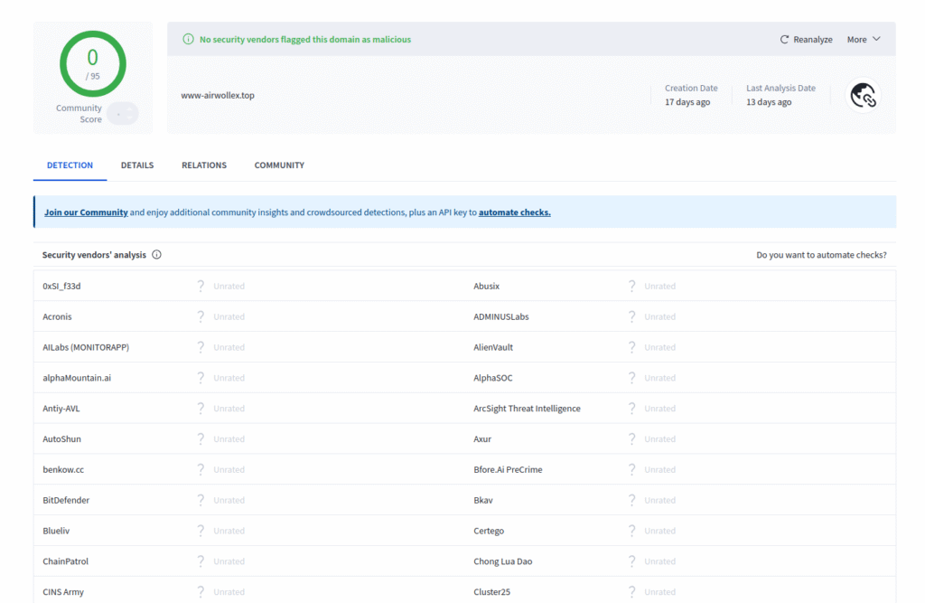 Airwallex Phishing Website marked as clean by all of world's top cybersecurity vendors.